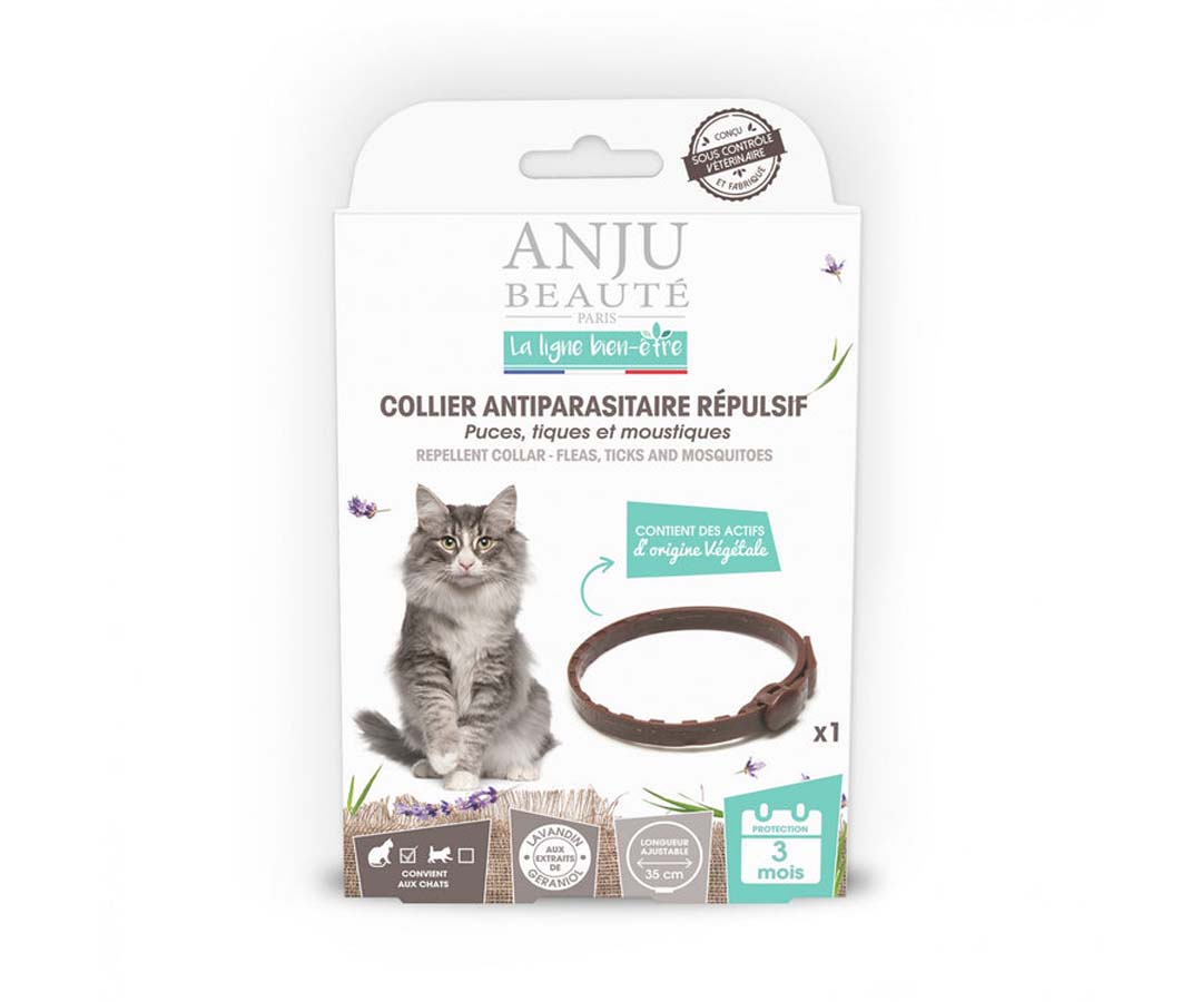 Boite du collier antiparasitaire répulsif pour chat de la marque Anju Beauté