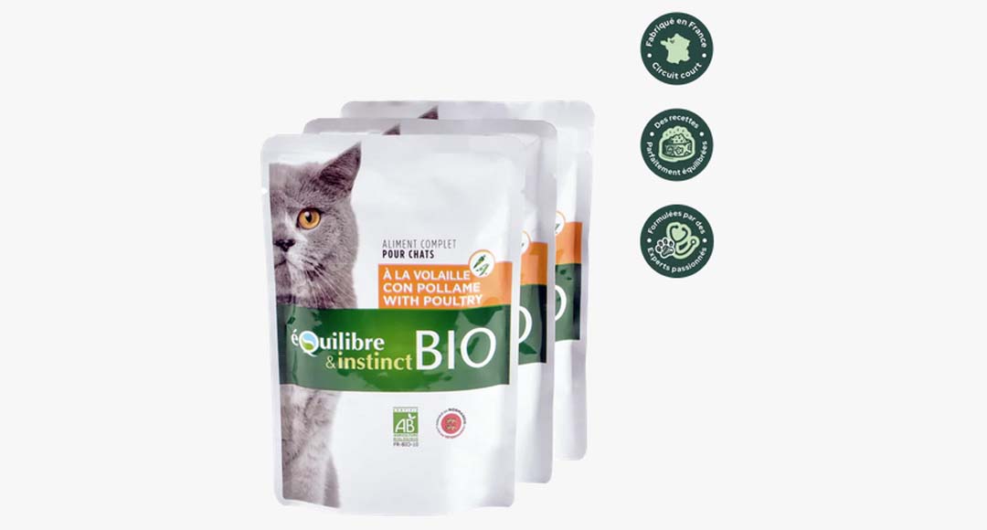 Sachets d'émincés bio à la volaille de la marque Équilibre & Instinct