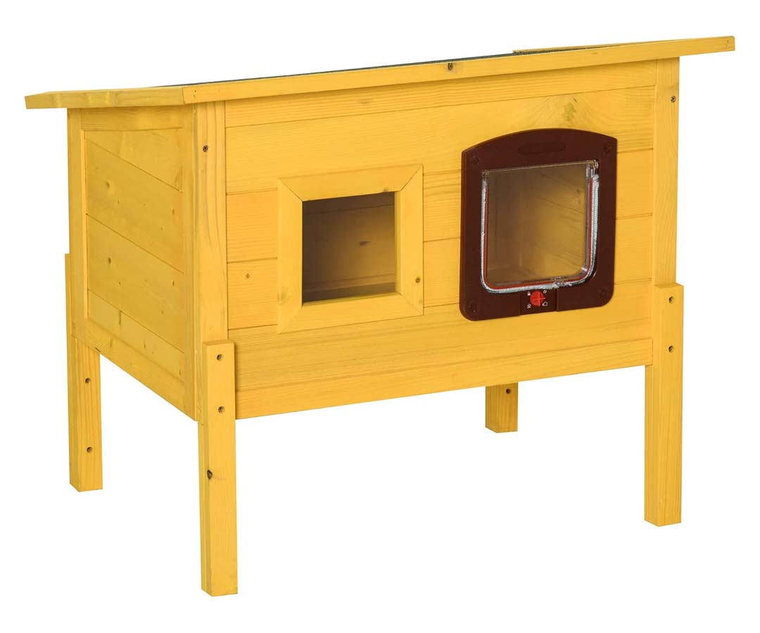 Image de présentation de l'abri extérieur PawHut pour chat en bois jaune