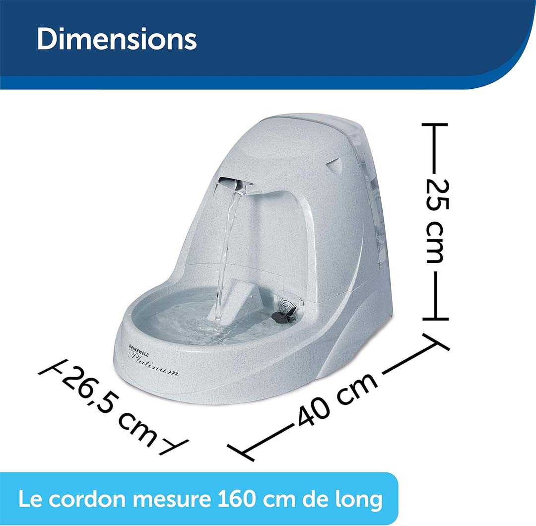 Dimensions de la fontaine à eau Petsafe Drinkwell Platinum