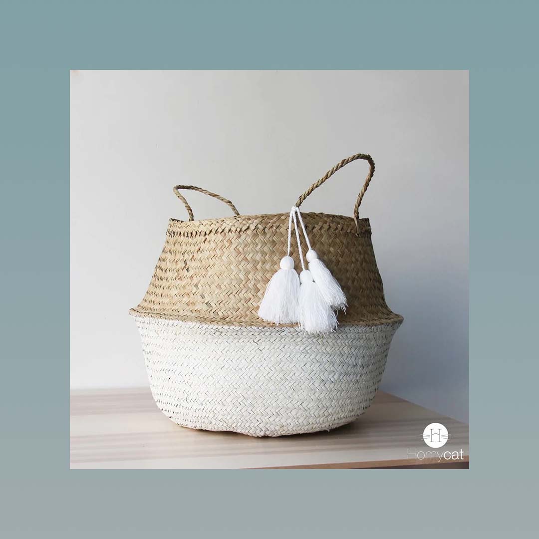 Image de présentation du panier bicolore blanc/naturel à pompons Homycat