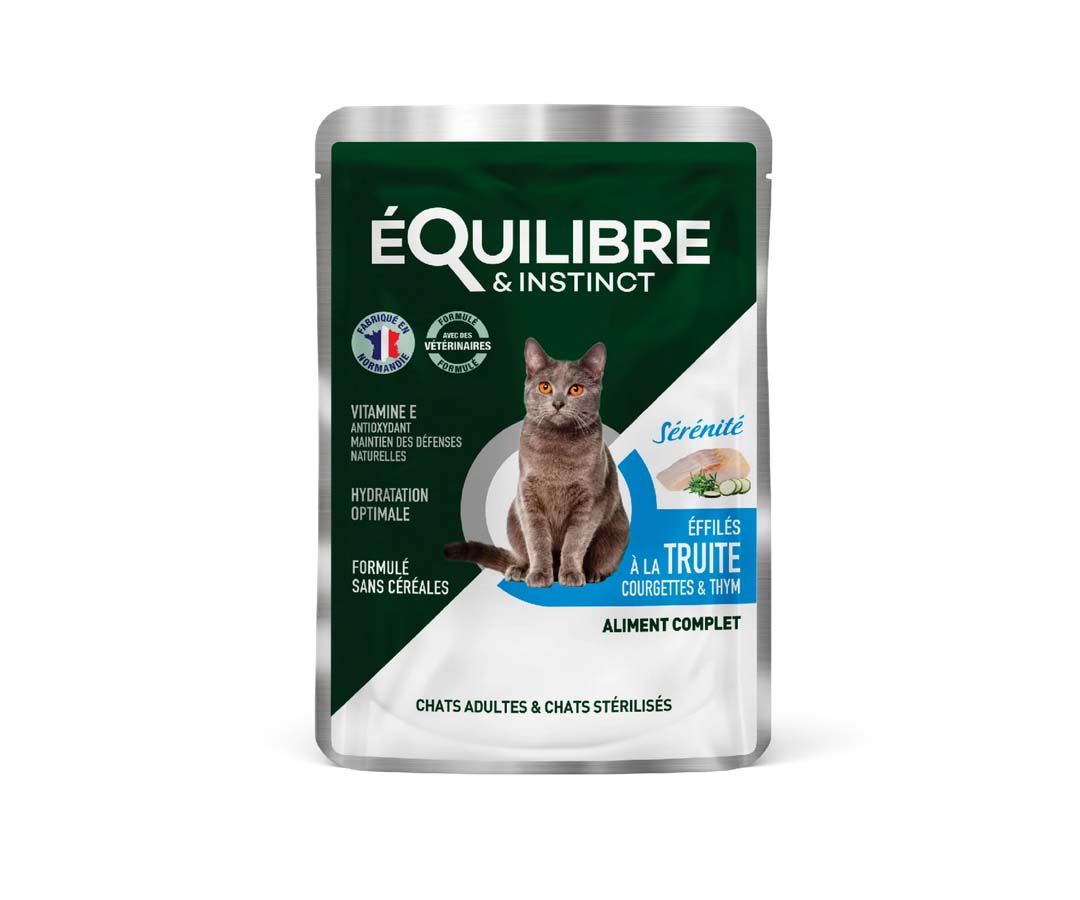 Image de présentation des effilés à la truite, courgettes & thym Équilibre & Instinct pour chat