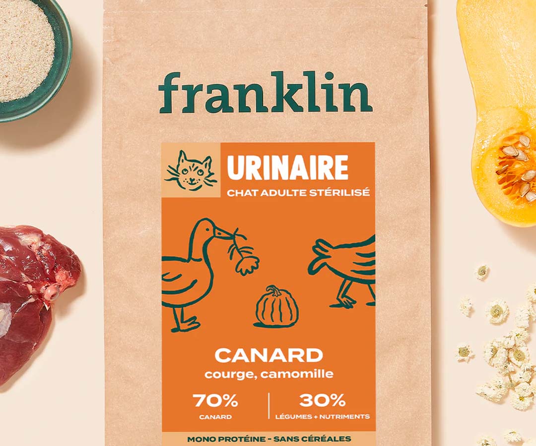 Image de présentation des croquettes Franklin au canard, courge et camomille pour chat stérilisé