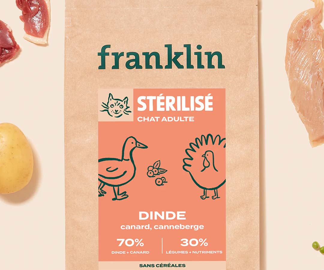 Image de présentation des croquettes Dinde, canard et canneberge pour chat stérilisé - Franklin