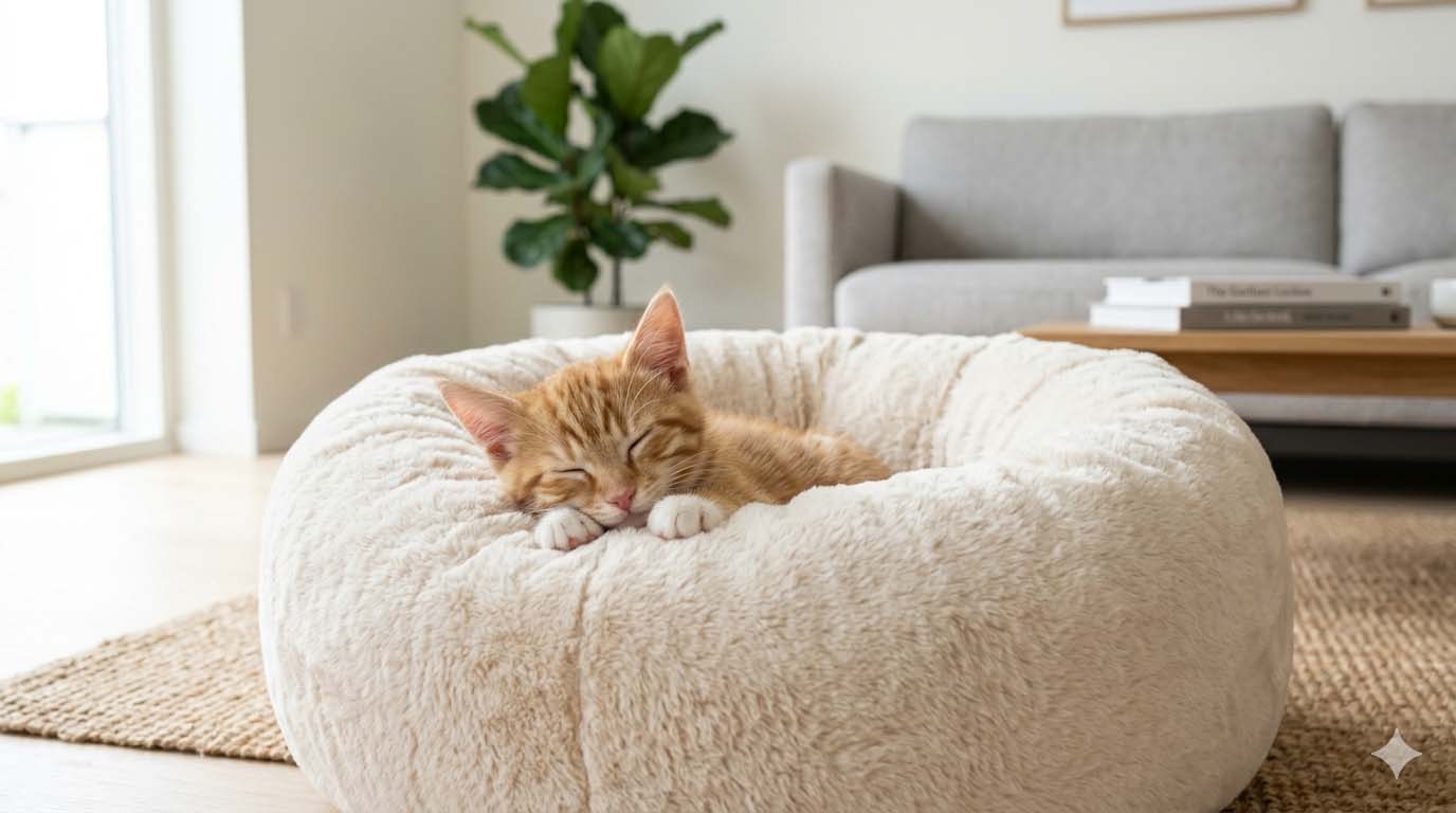Petit chaton roux européen endormi dans un panier donut crème apaisant, salon moderne lumineux.