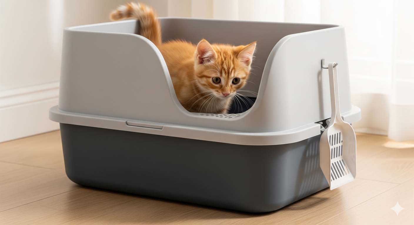 Chaton roux explorant un bac à litière gris dans un intérieur lumineux.