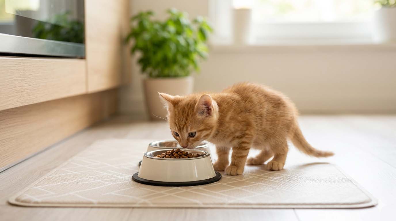 Bien aménager le coin repas de votre chaton : les 3 règles d’or Un chaton roux mange dans une gamelle pleine de croquettes