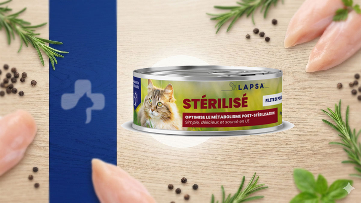Mousse Lapsa Lab Filets de Poulet pour chat stérilisé Image d'en-tête : Boîte de mousse Lapsa Lab Filets de Poulet pour chat stérilisé, fabrication française.
