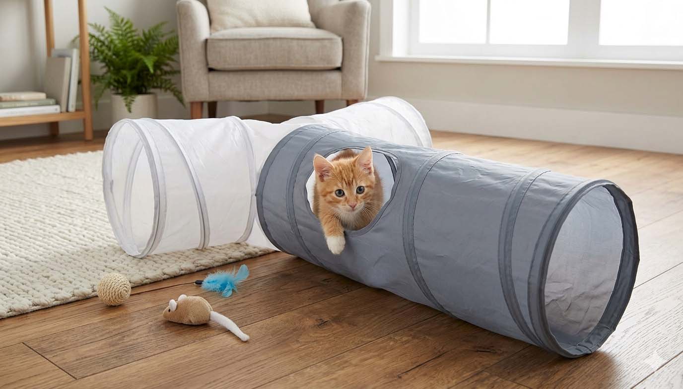 Un chaton roux curieux sort la tête d'un tunnel de jeu en Y gris et blanc pour l'éveil.