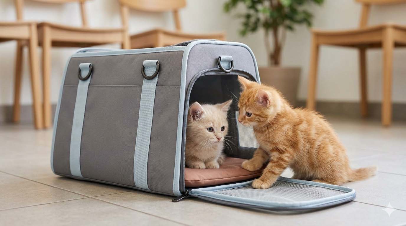Première visite des chatons chez le vétérinaire dans un sac de transport Chatons roux et crème près d'un sac de transport gris et bleu dans une salle d'attente chez le vétérinaire.