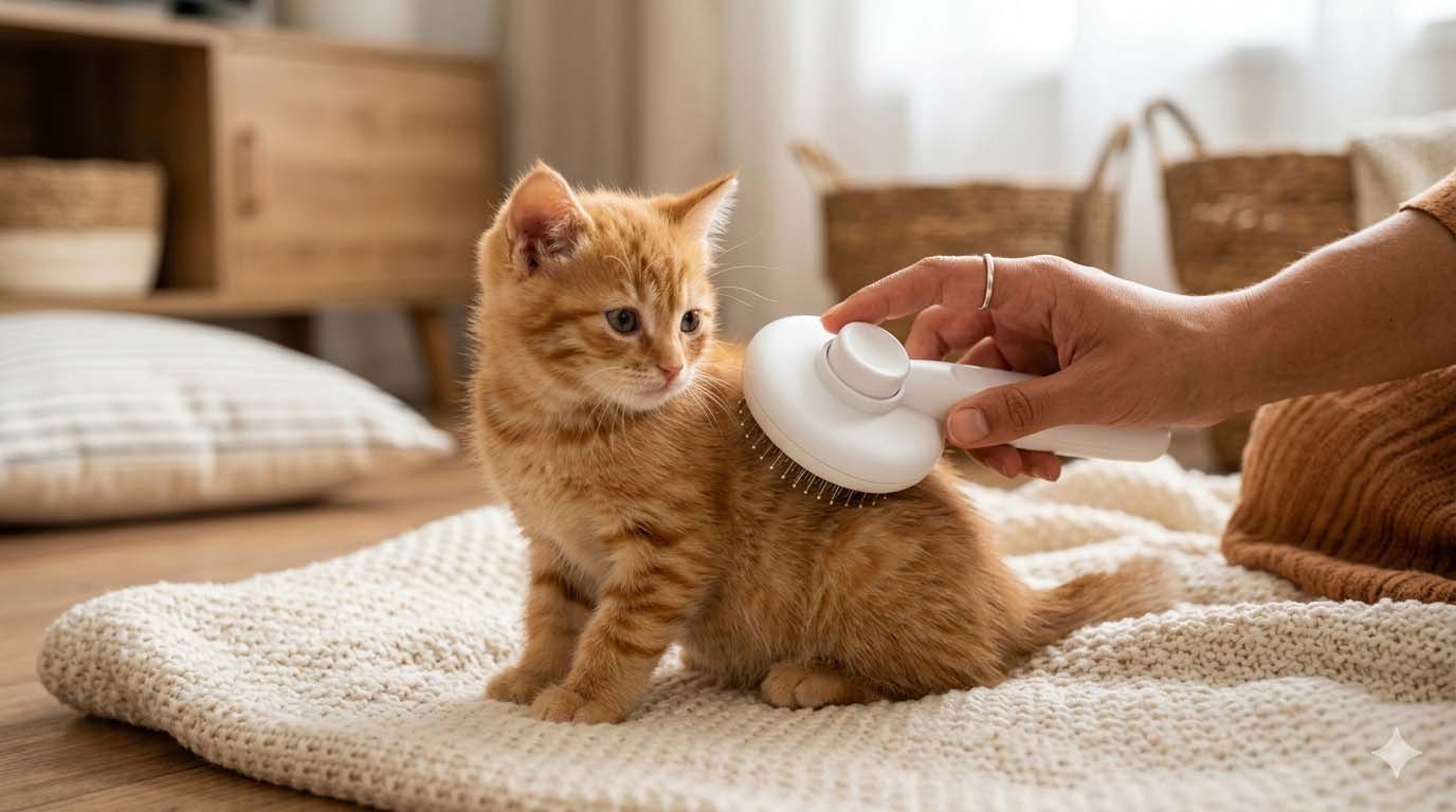 Habituer votre chaton au toilettage sans stress – 3 règles d’or Un chaton européen roux (Mirabot) se faisant brosser délicatement avec la brosse autonettoyante blanche PiuPet dans un salon chaleureux.