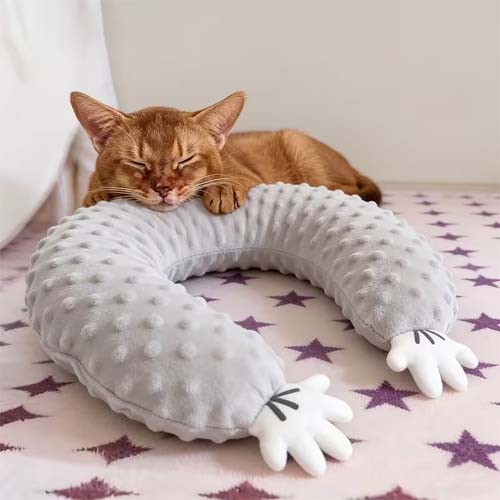 Oreiller d'apaisement en forme de demi-lune pour chaton, coloris bleu et gris avec gants blancs. Accessoire de confort idéal pour la première nuit d'un chaton.