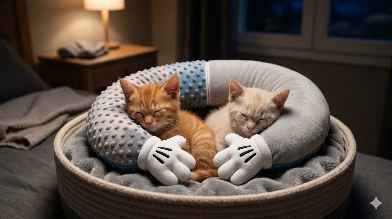 Deux chatons (un roux et un crème) endormis paisiblement blottis contre un oreiller cervical demi-lune gris et bleu avec des extrémités en forme de gants blancs dans une chambre tamisée. Illustration pour l'article Univers du Chat sur la première nuit du chaton.