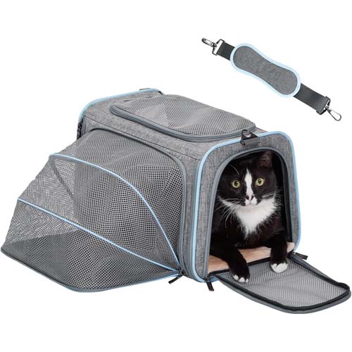Sac de transport pour chat extensible et aéré, coloris gris et bleu, disponible sur Amazon.