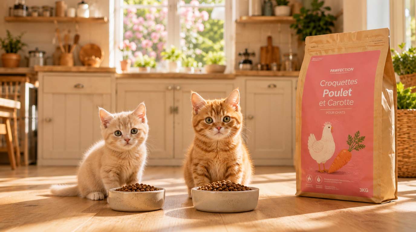 Bien nourrir votre chaton en pleine croissance – les 3 règles d’or Les chatons Églantine et Mirabot à côté d'un sac de croquettes au poulet dans une cuisine lumineuse au printemps.
