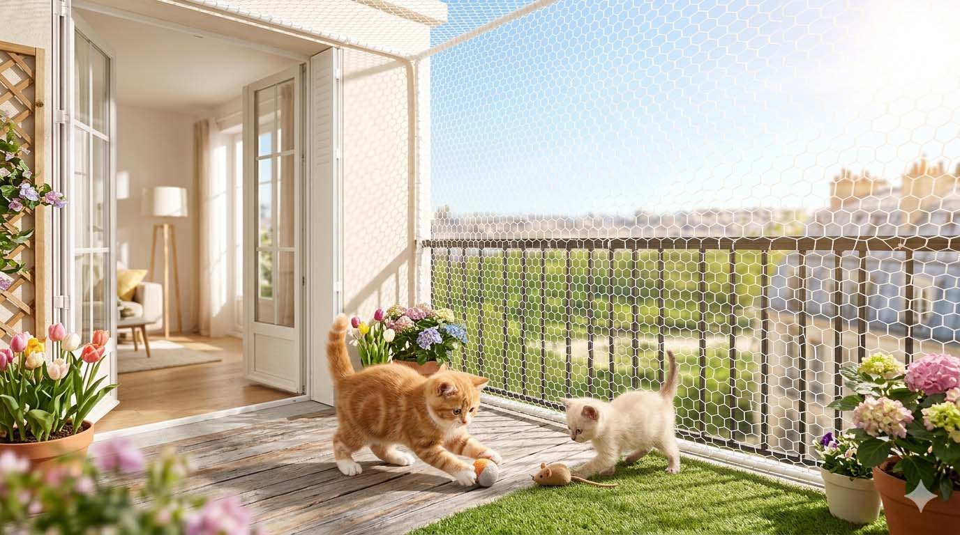 Deux chatons (un roux et un crème) jouant sur un balcon sécurisé par un filet de protection blanc en maille nid d'abeille sous un soleil printanier.