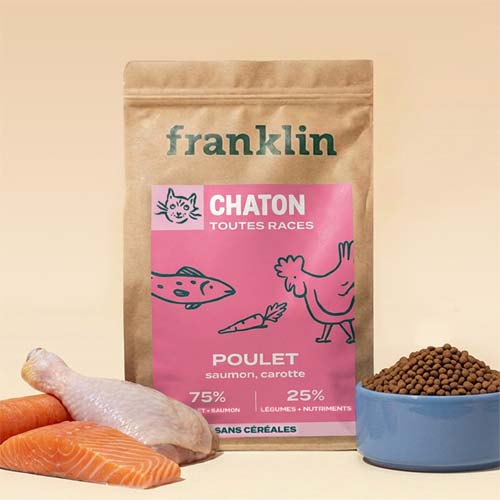 Sac de croquettes sans céréales Franklin au poulet et saumon pour chaton en croissance.