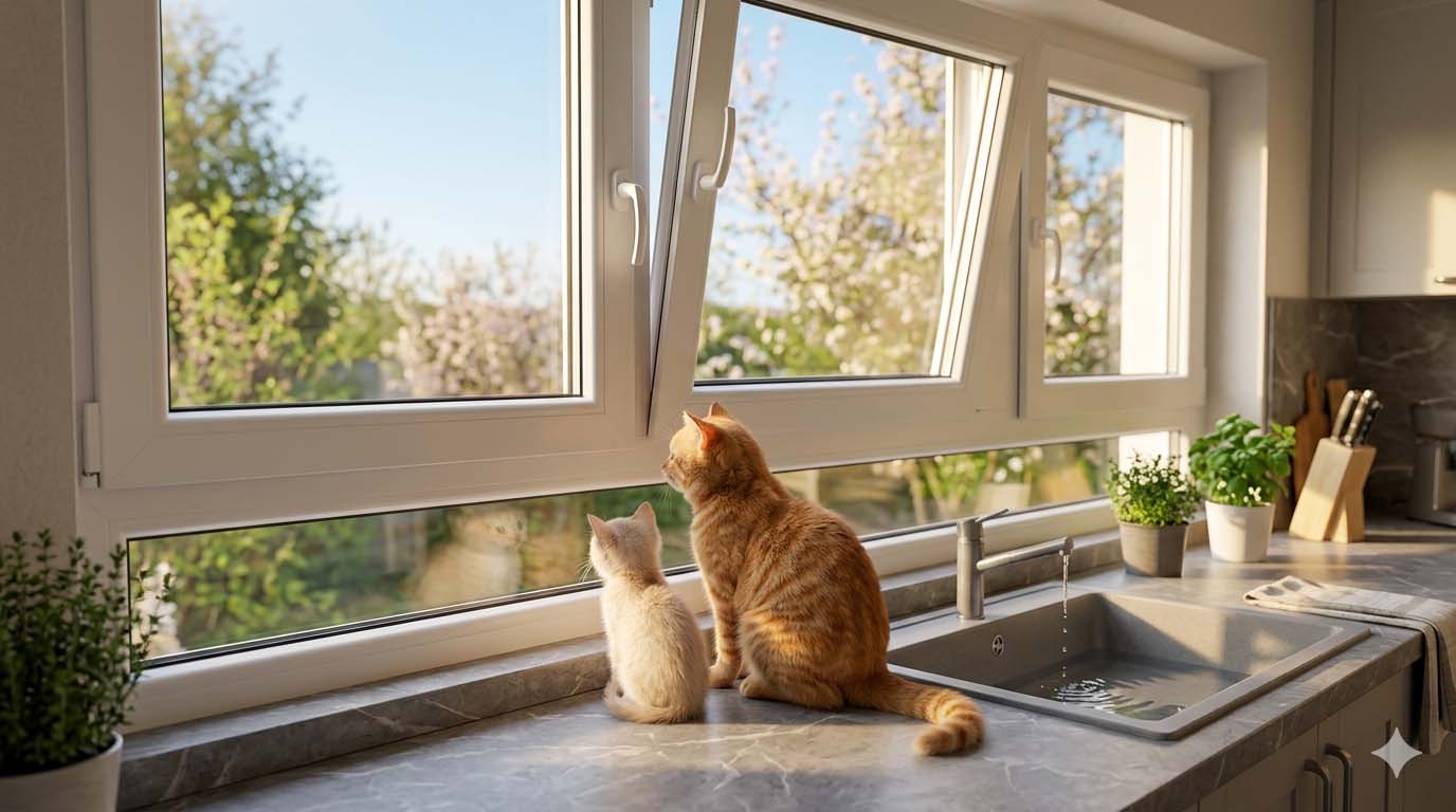Sécuriser l’intérieur pour vos chatons : le piège des fenêtres Deux chatons, Mirabot (roux) et Églantine (crème), regardent par une fenêtre oscillo-battante dans une cuisine, illustrant le danger domestique.